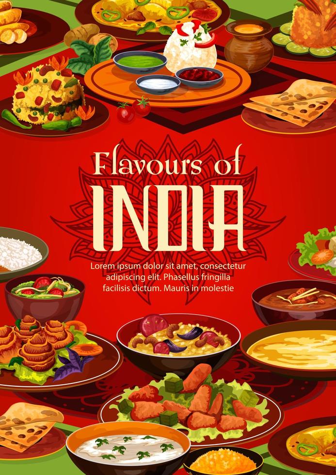 comida de cocina india, menú o portada de recetas de cocina vector