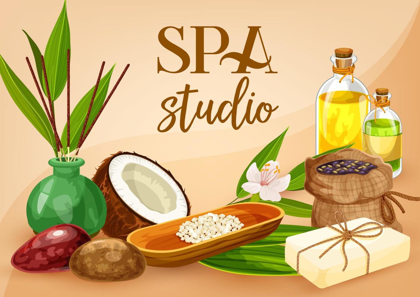 Spa salon massage oil, sauna soap and bath salt vector