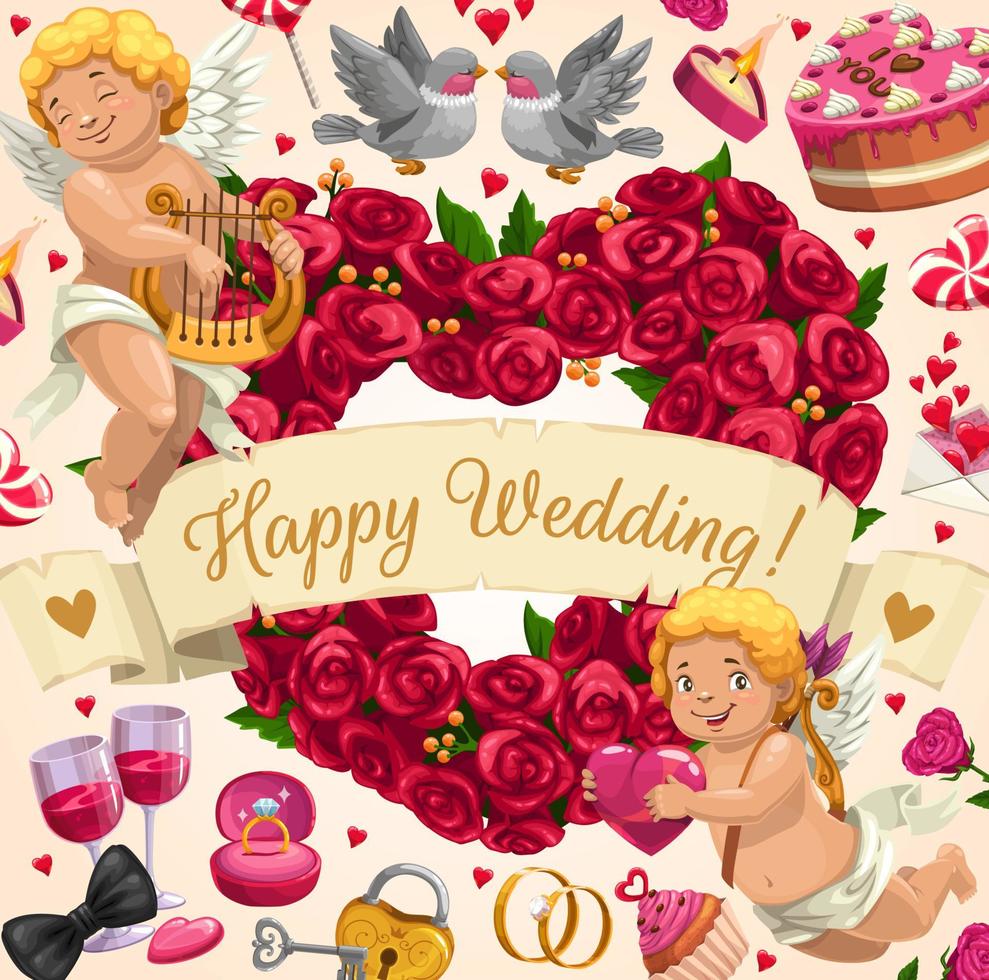 invitación de boda, ángeles, flores y corazón de amor vector