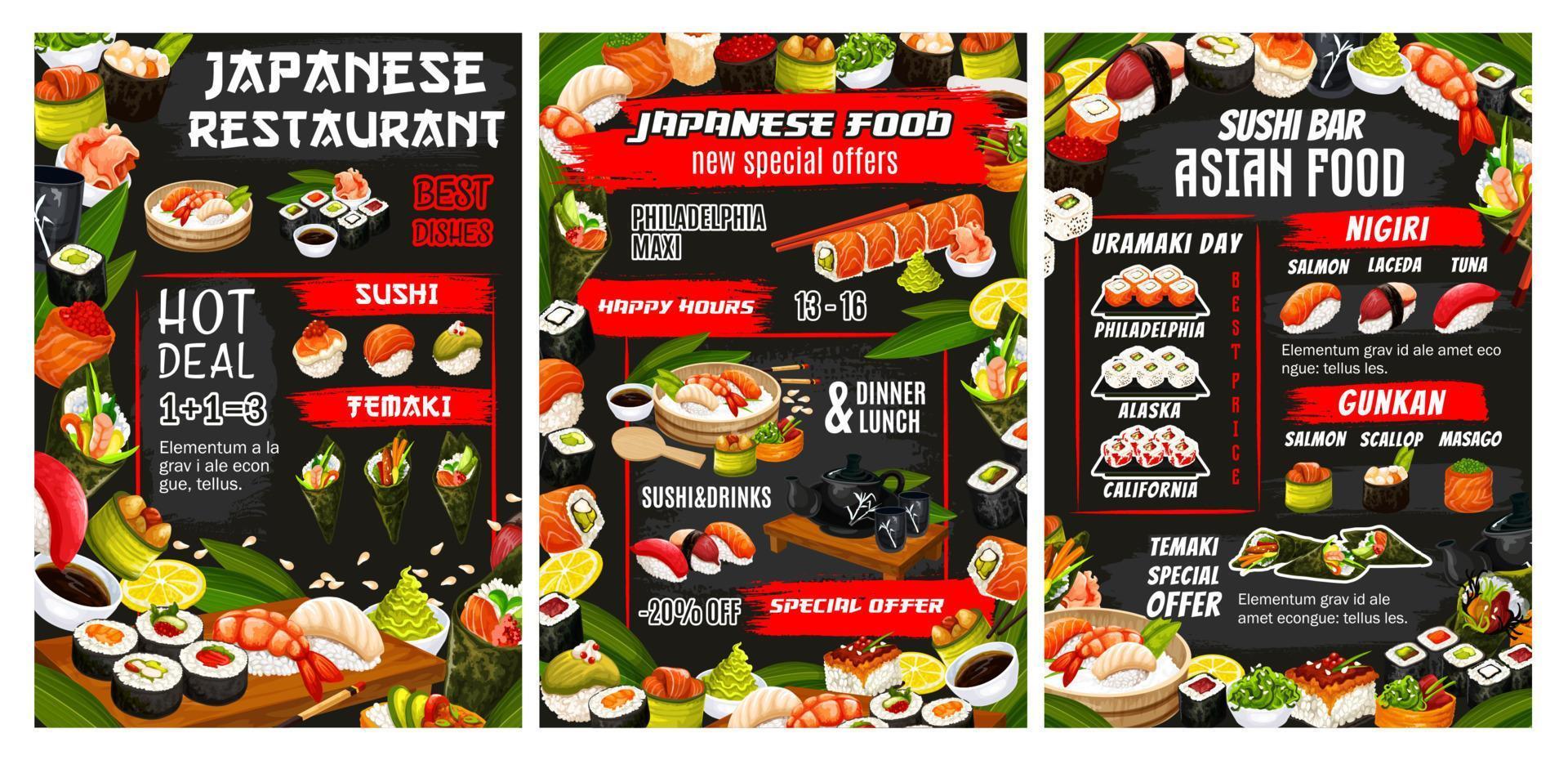 restaurante de sushi japonés, menú buffet de comida asiática vector