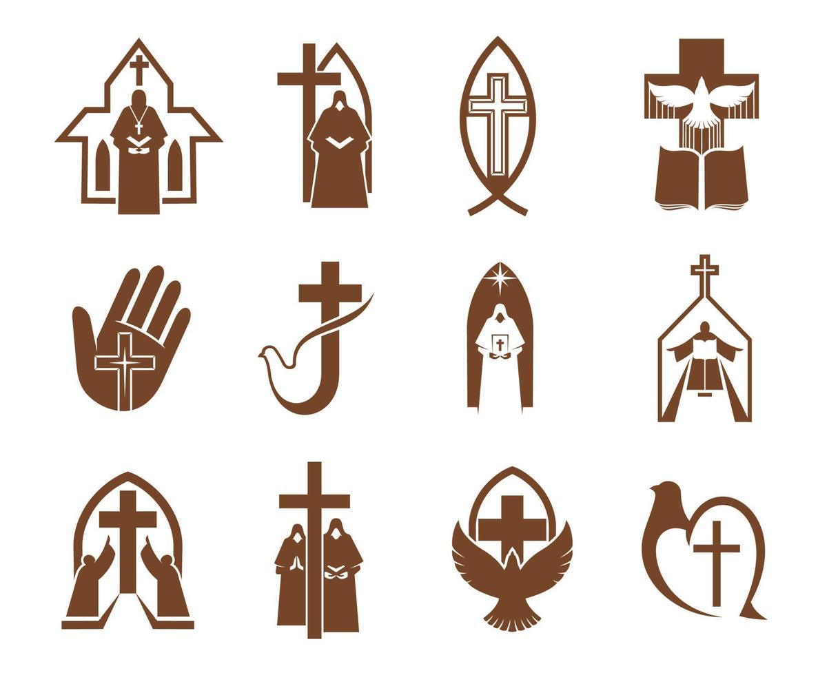 Religion cross, Jesus god, Bible and dove icons vector