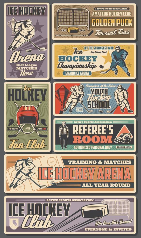 hockey sobre hielo retro carteles vector deporte equipo jugadores