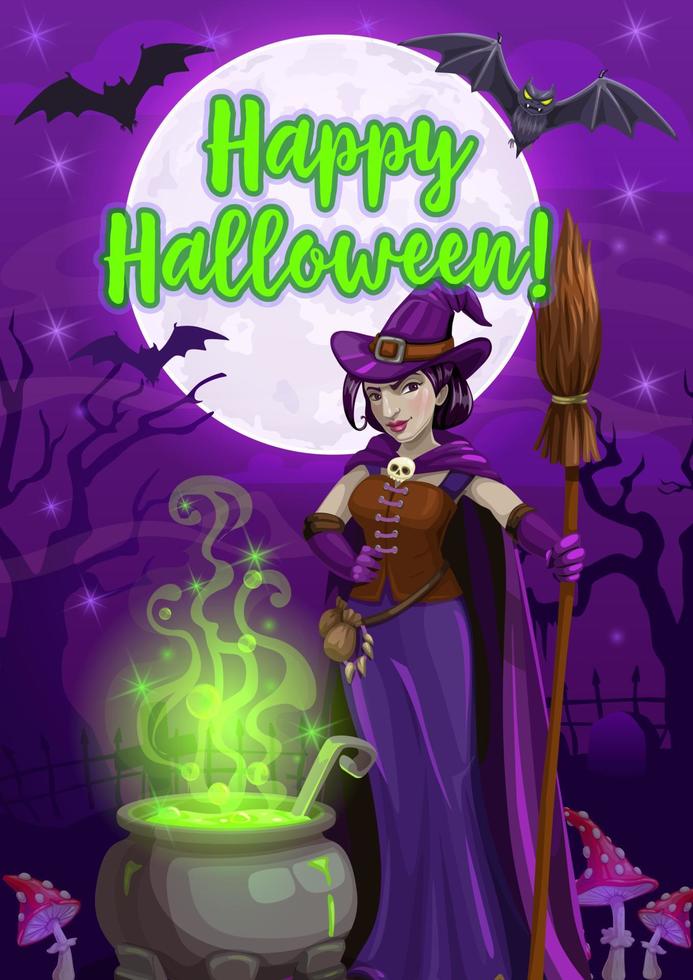 bruja de halloween con caldero de pociones y escoba vector