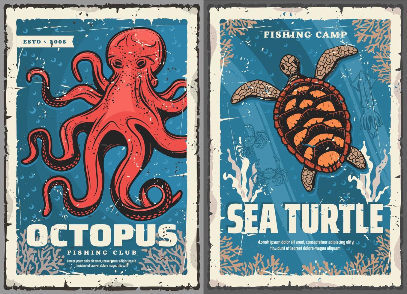 Octopus, sea turtle, squid, crab, fishing posters vector