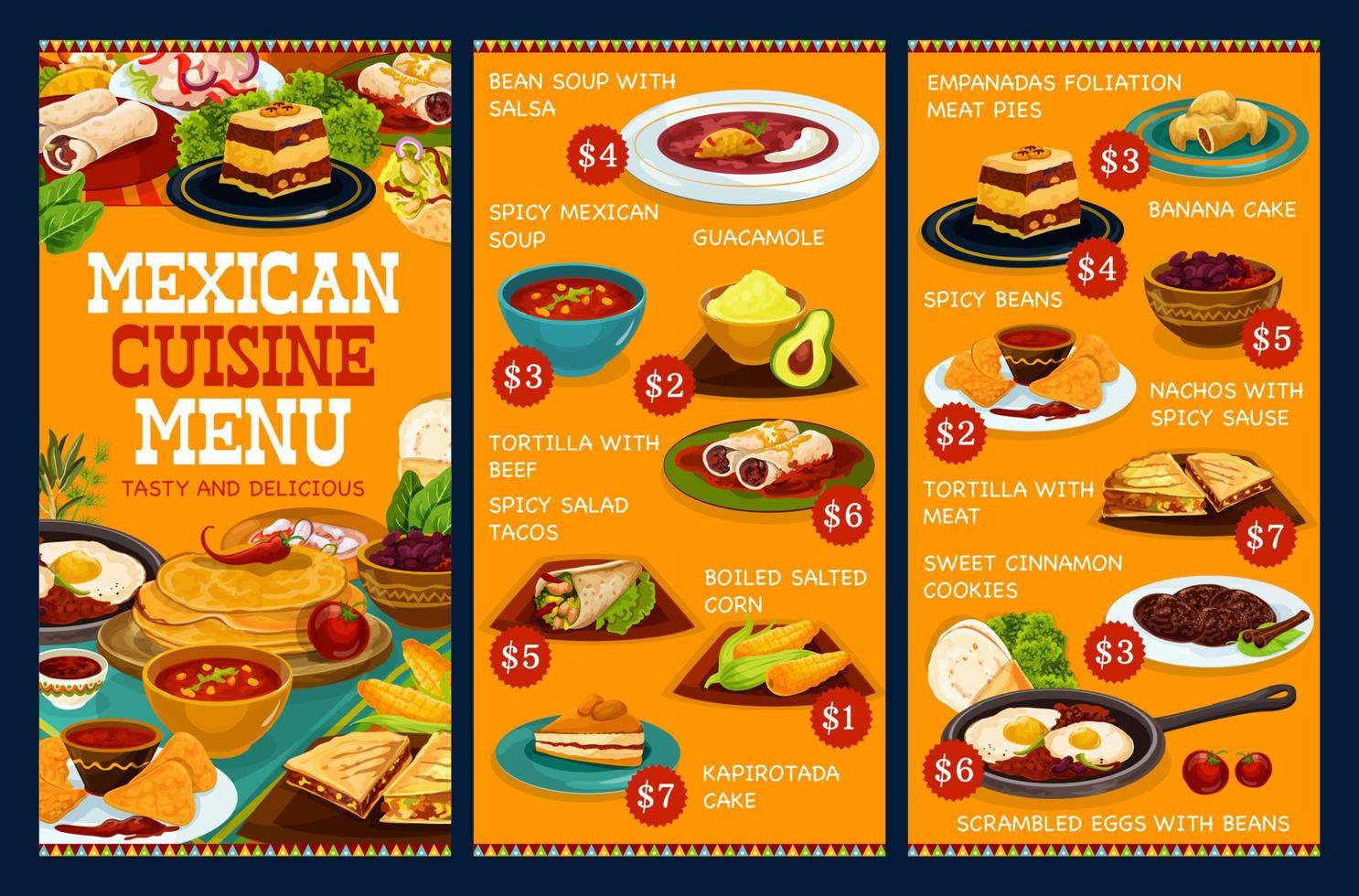 Authentic Mexican cuisine food, Mexico cafe menu vector