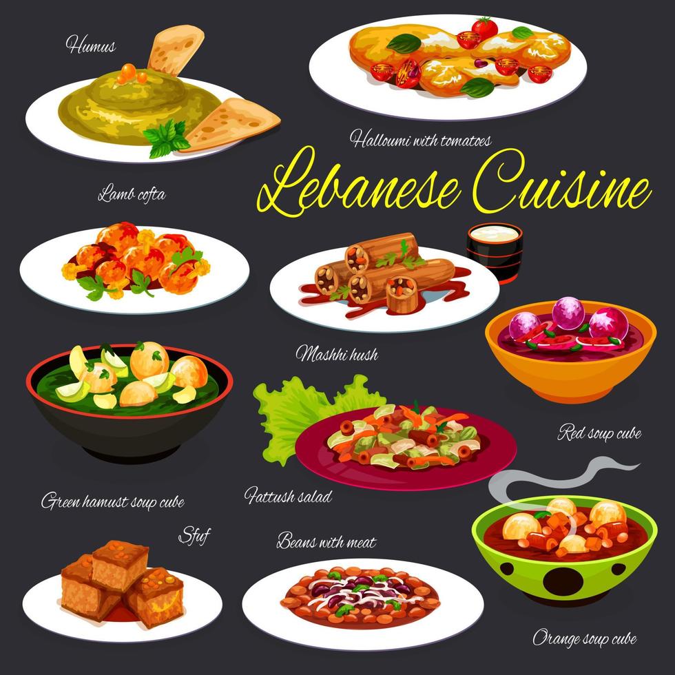 Lebanese vegetable and meat dishes with cake vector