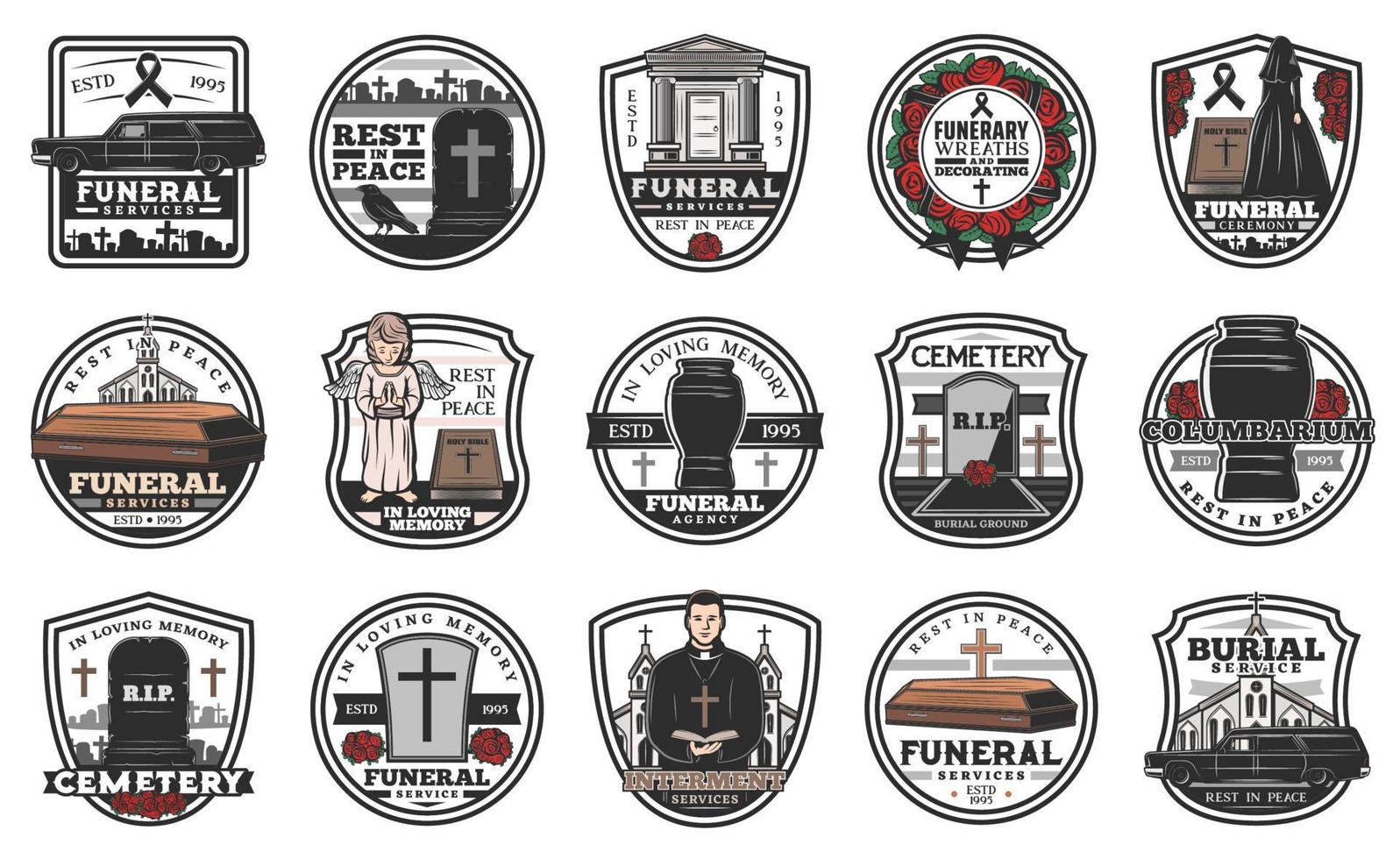 Funeral and funerary service vector icons