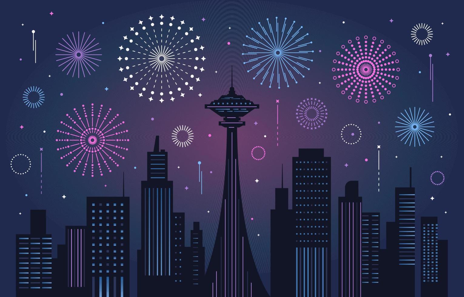 Celebrating New Year on Night City with Fireworks Background vector