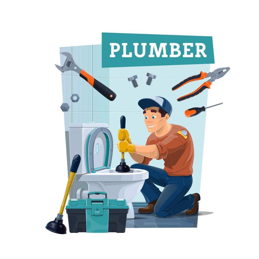 Plumber cleaning toilet with plunger and tools vector