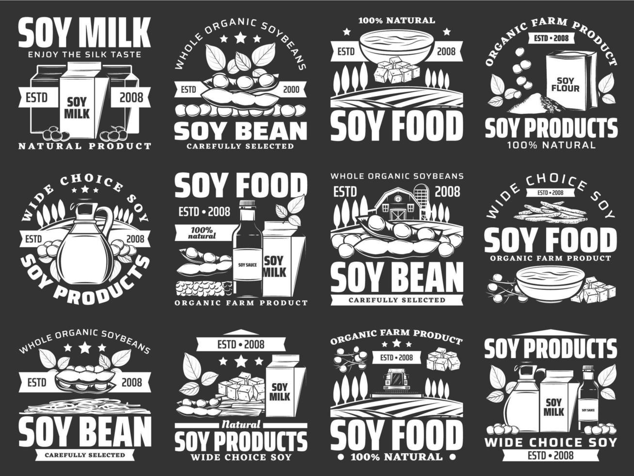 Soybean food icons of soy milk, tofu, oil, sauce vector