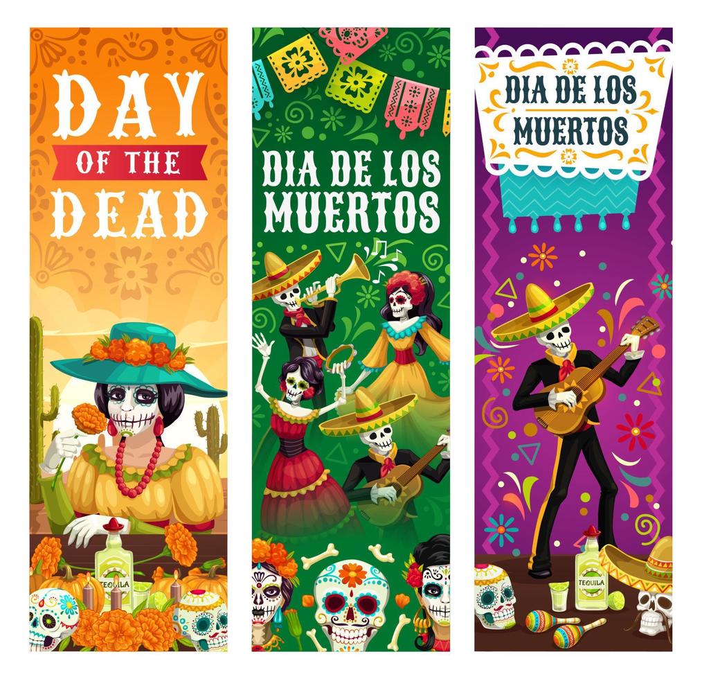 Dia de los Muertos, skeletons skulls party fiesta vector
