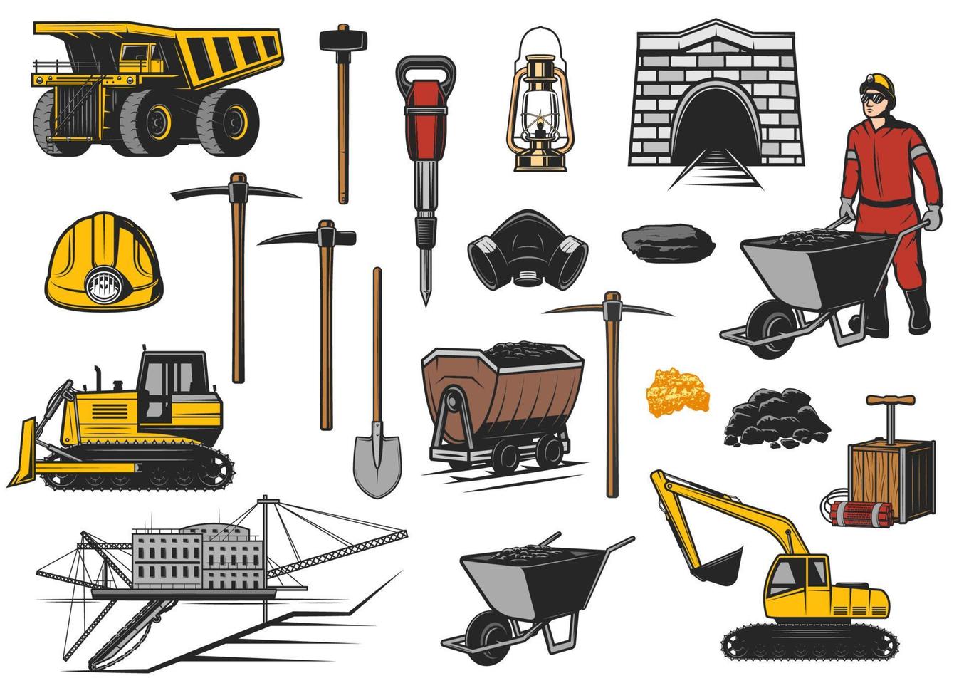Coal mining industry, equipment icons vector