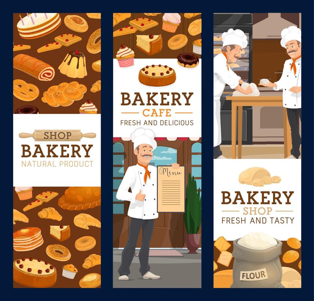 Bakers in bakery shop, bread and pastry vector