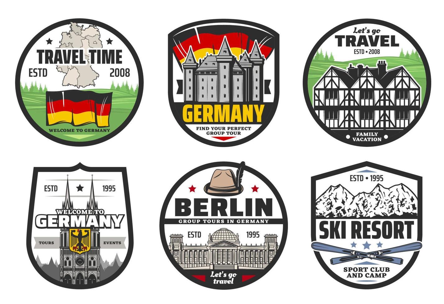 alemania, viaje, y, señal, iconos vector