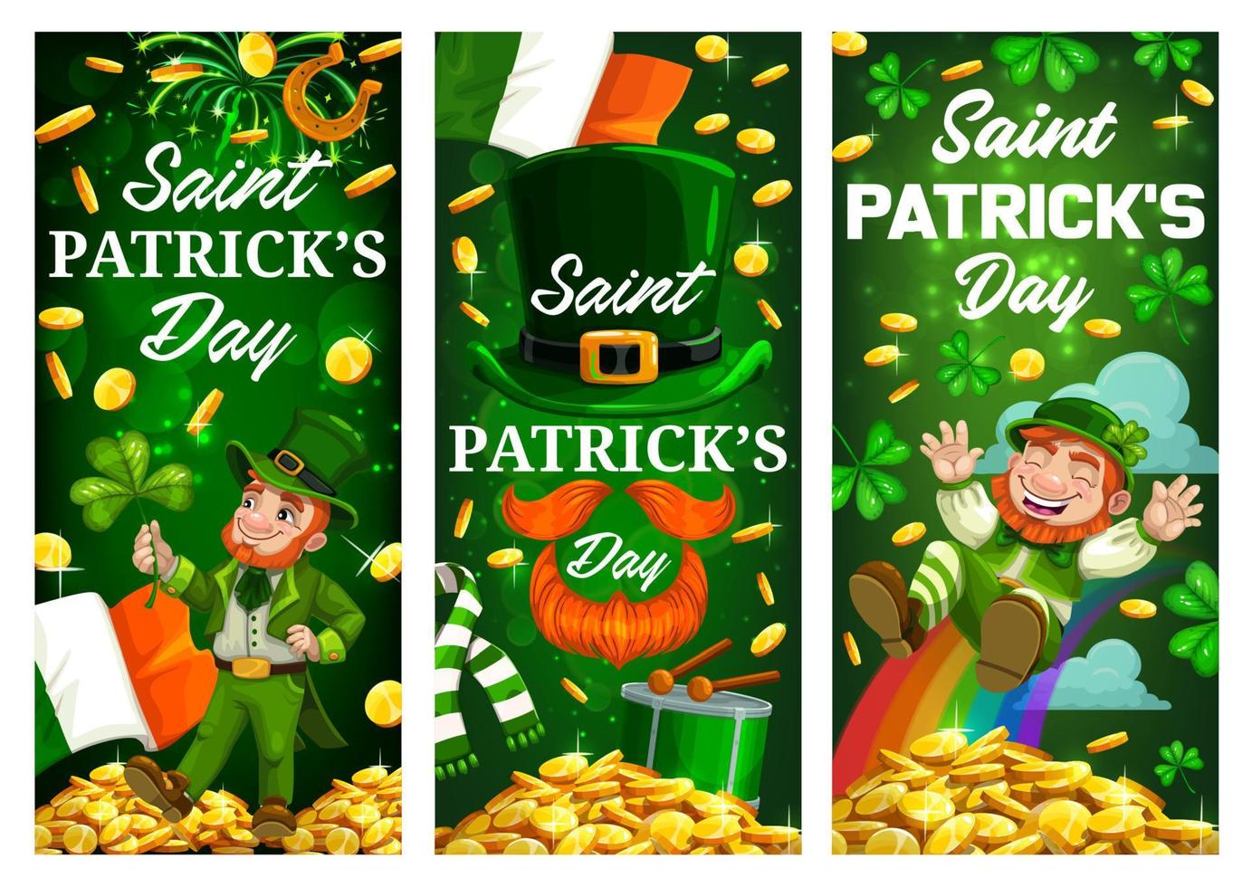 Patricks Day leprechaun, green clover and gold vector