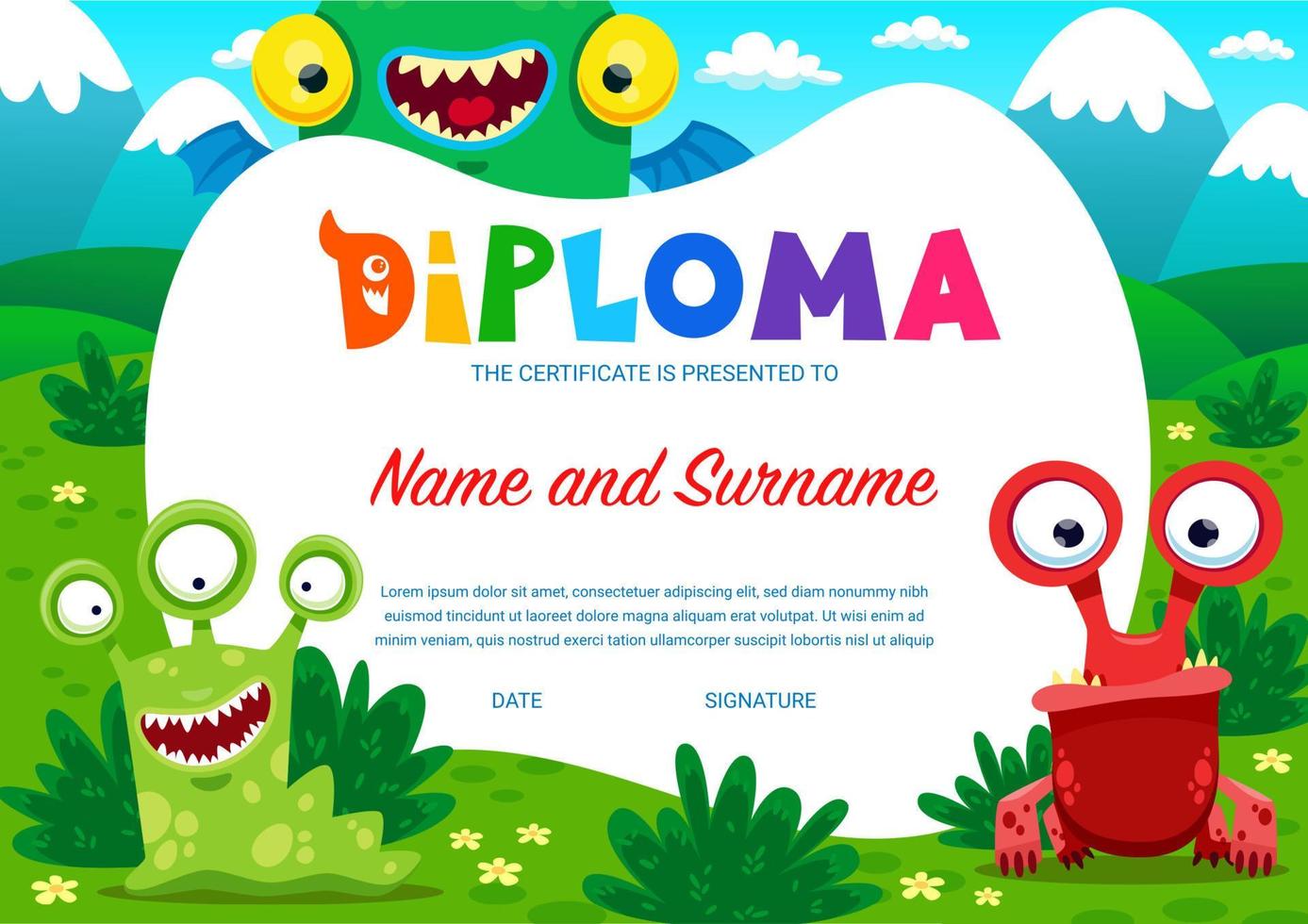 Kids diploma cartoon monster characters, frame vector