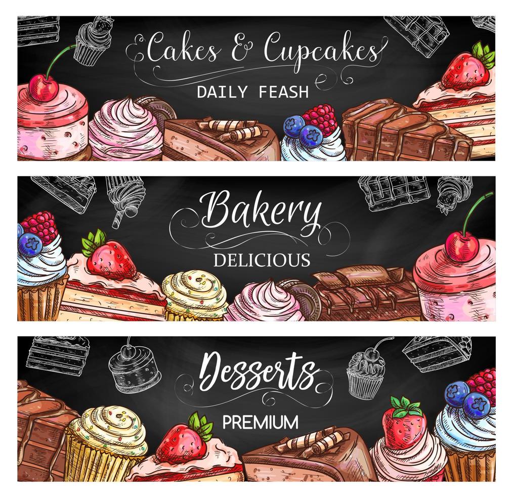 Pastry cakes and patisserie bakery cupcakes sketch vector