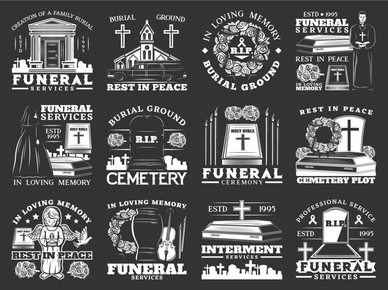 Funeral and burial, cremation service icons vector