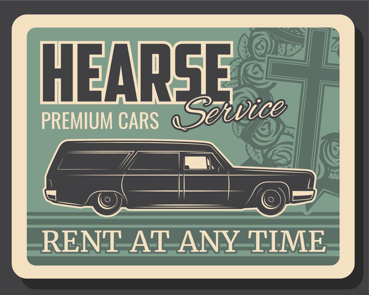 Hearse cadillac car with coffin, wreath and cross vector