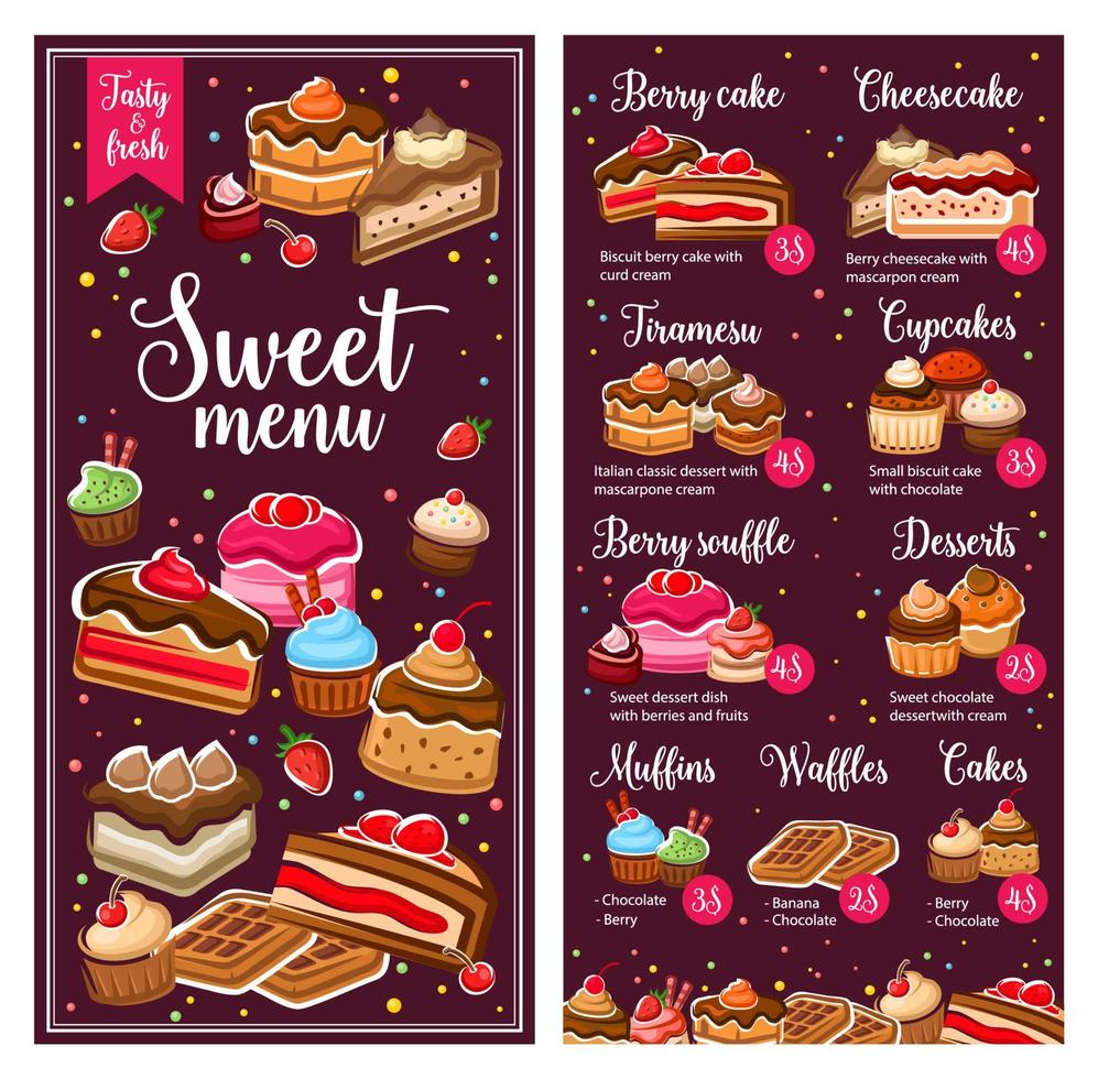 Bakery pastry sweets, cafe and patisserie menu vector