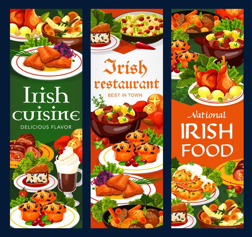 banners de comida irlandesa de carne, verduras, platos de pescado vector