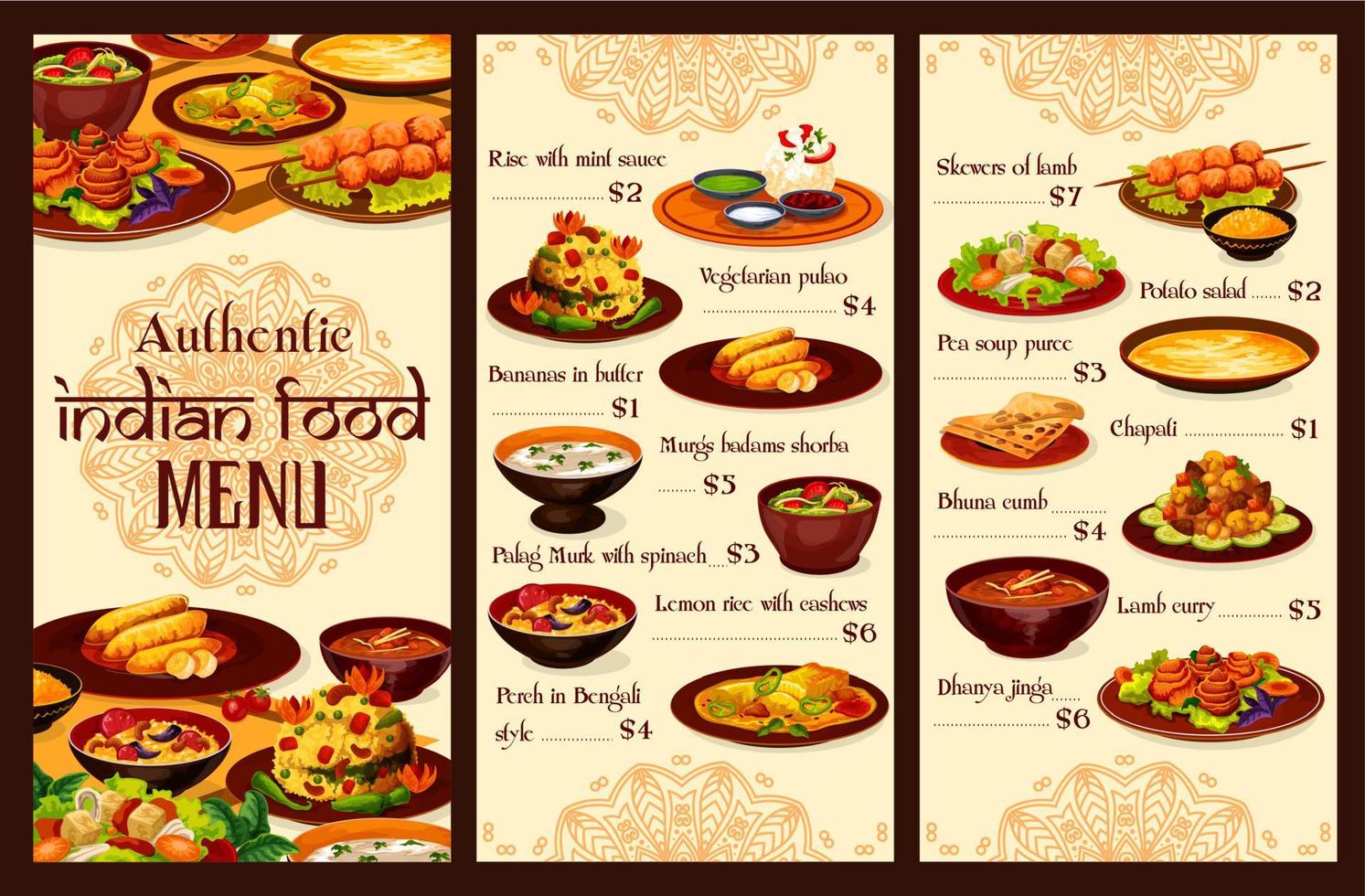 menú de restaurante auténtico de cocina india vector