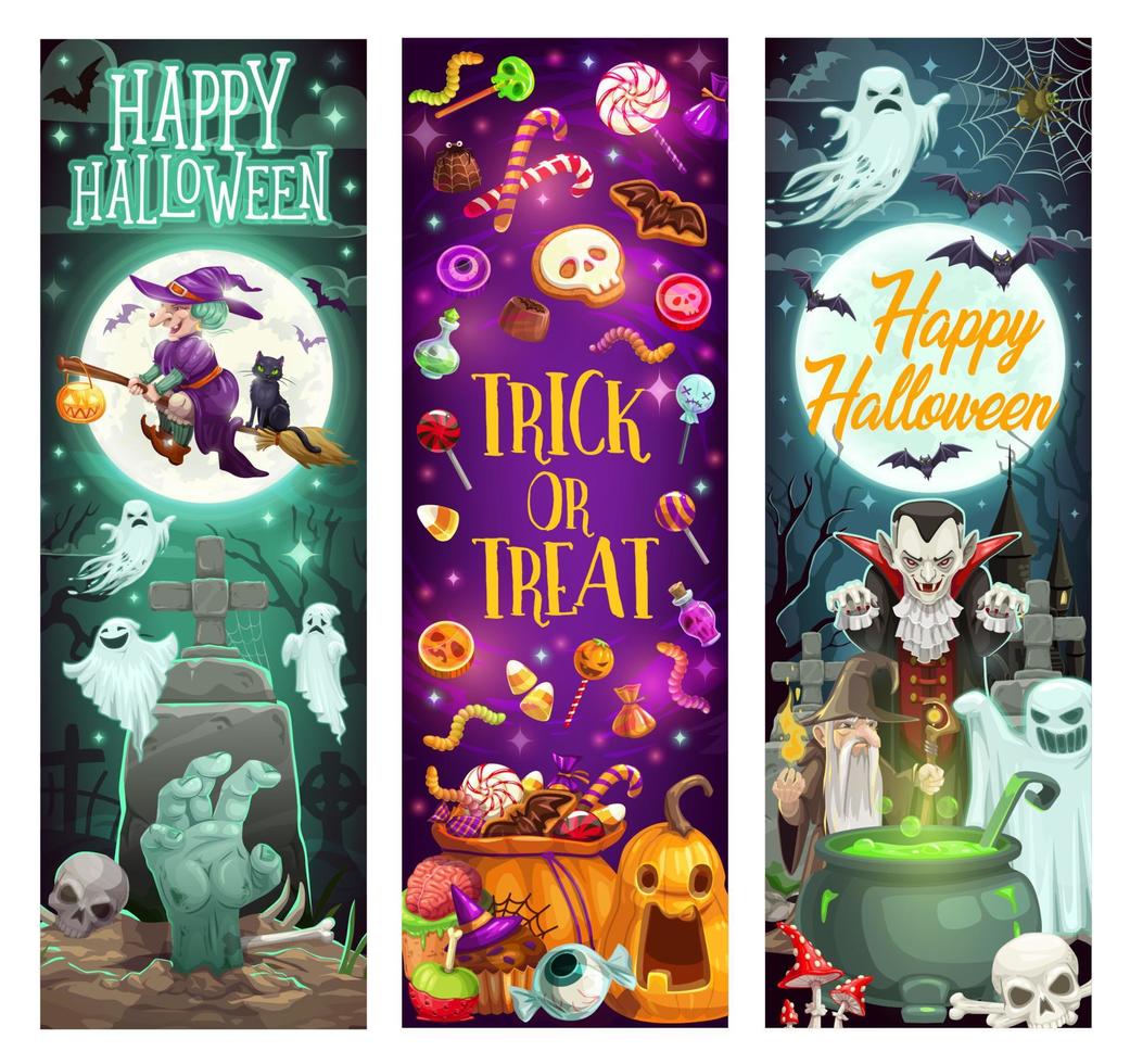 Halloween trick or treat cartoon witch monsters vector