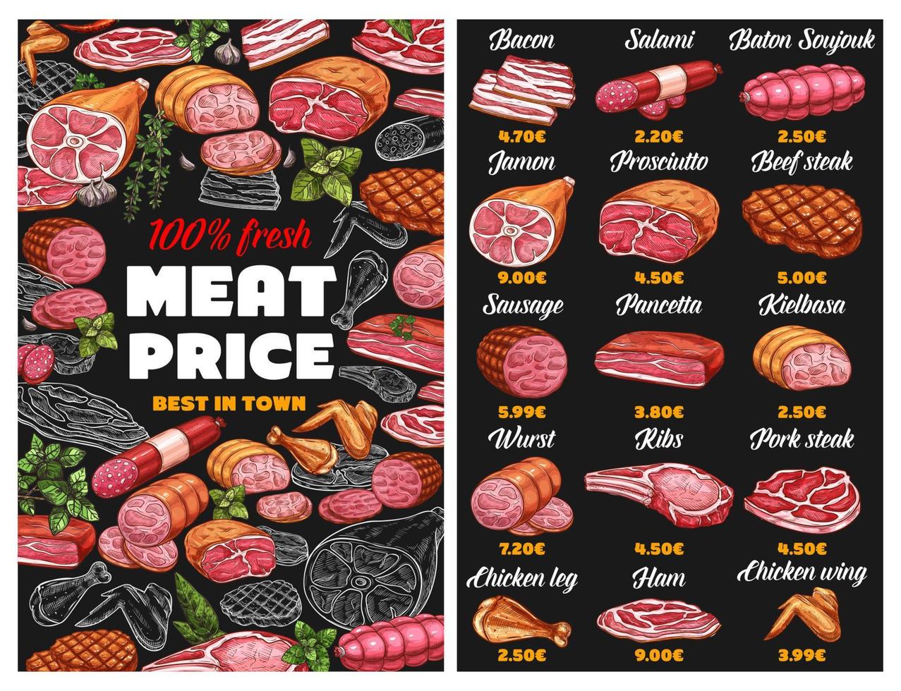 Butcher shop meat menu vector sketch template