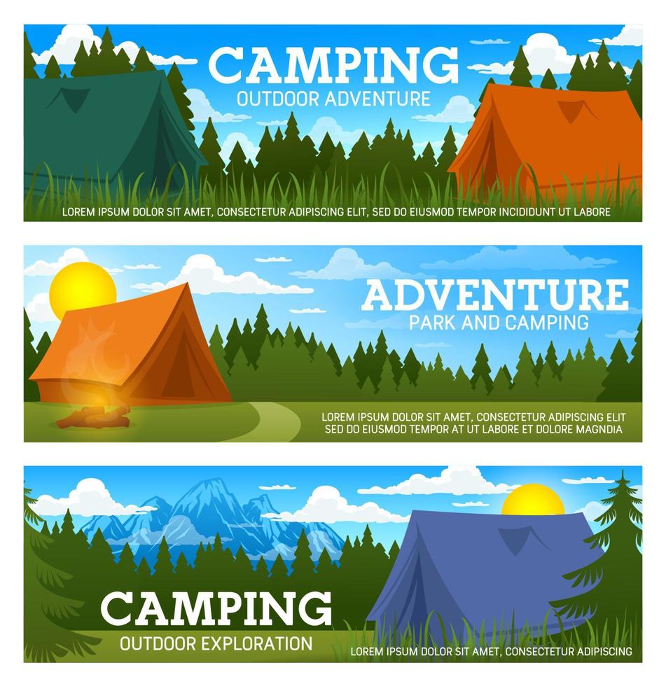 Camp tents and campfire, forest trees and mountain vector