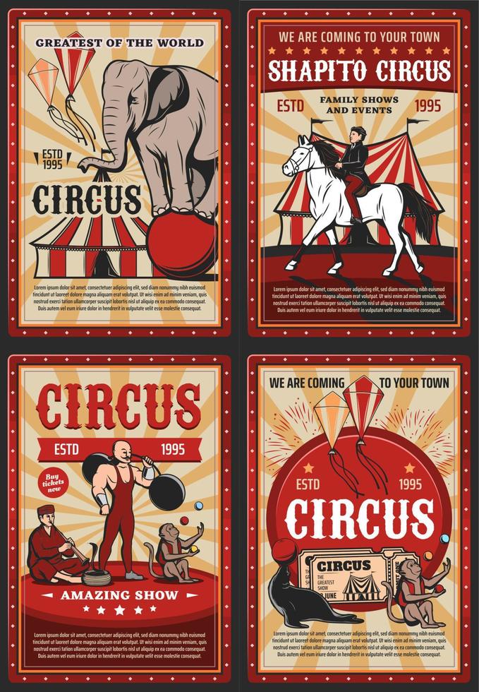 carpa de circo, animales de carnaval y hombre fuerte vector