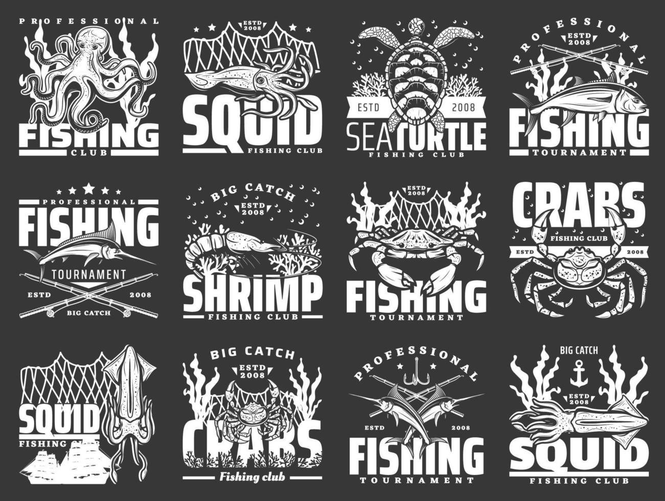 Crab seafood and tuna fish icons. Fishing sport vector