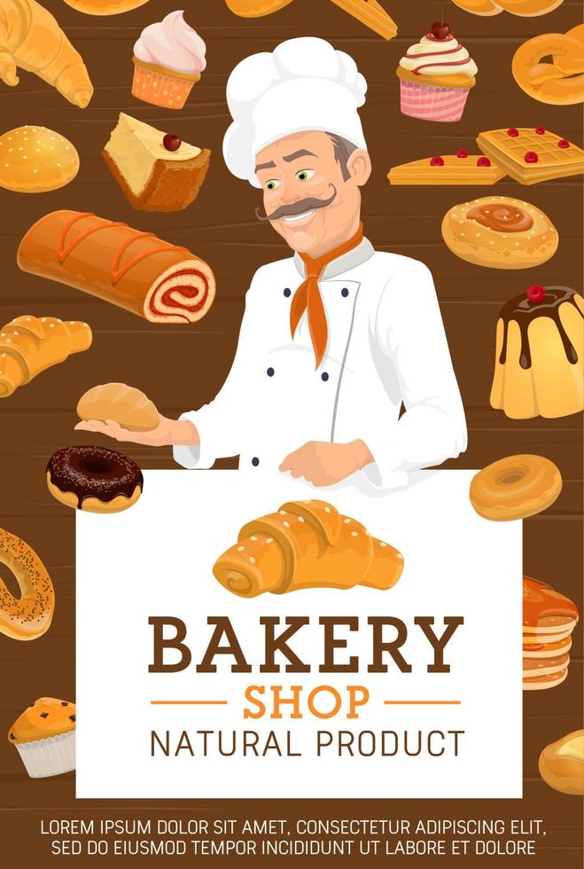 Baker in bakery shop, pastry and bread vector