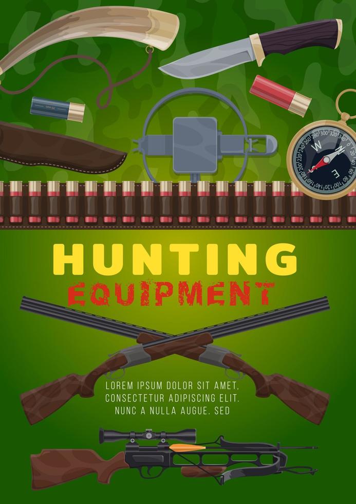 Hunting equipment and weapon, cartoon vector