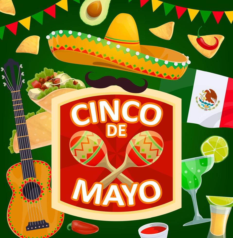 Cinco de Mayo mexican holiday sombrero, maracas vector