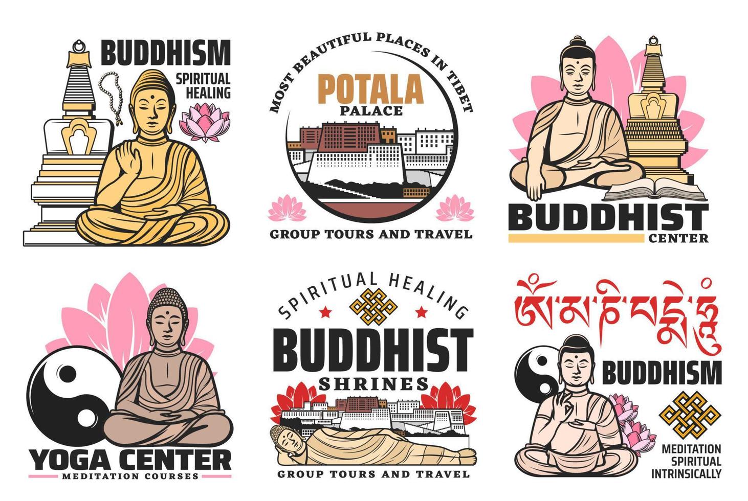 Buddhism religion Buddha, lotus, Palace icons vector