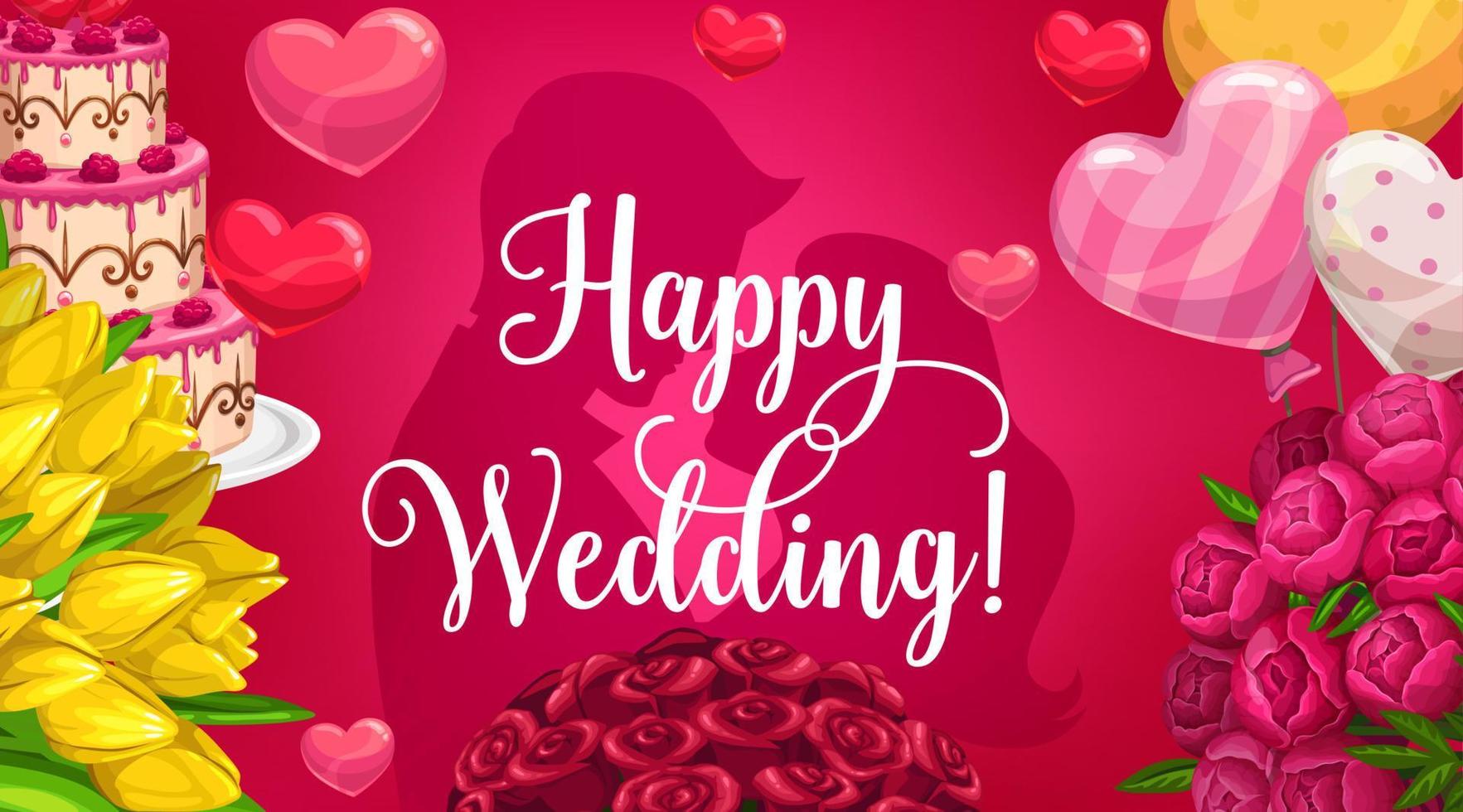 siluetas de novio y novia, invitación de boda, flores vector
