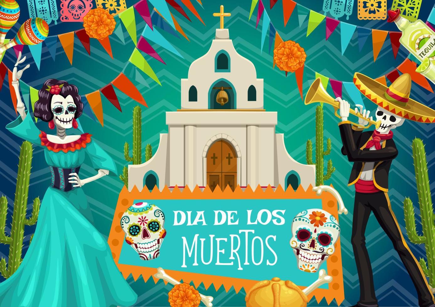 Dia de los Muertos Spanish Day of Dead skeletons vector
