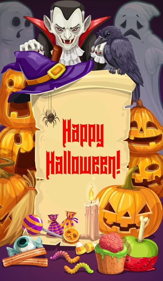 Halloween party, Dracula and pumpkins, sweets vector