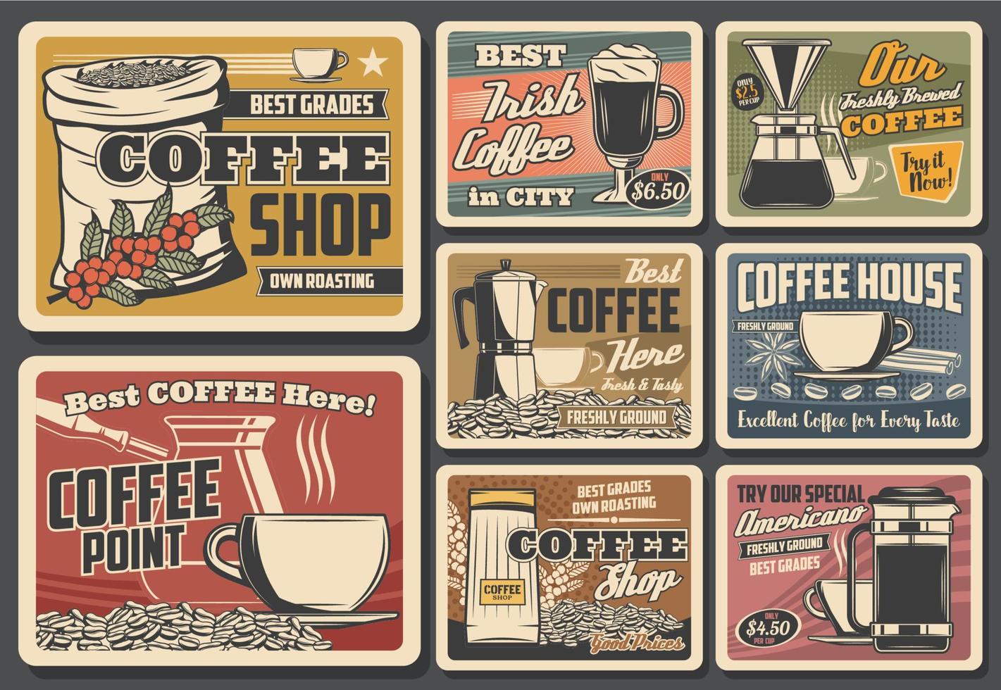 granos de café, tazas y bebidas vector