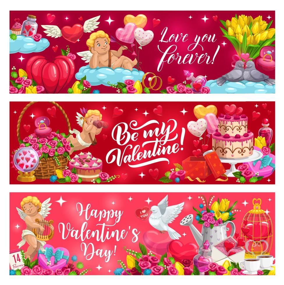 Valentines Day Cupids with hearts, gifts, flowers vector