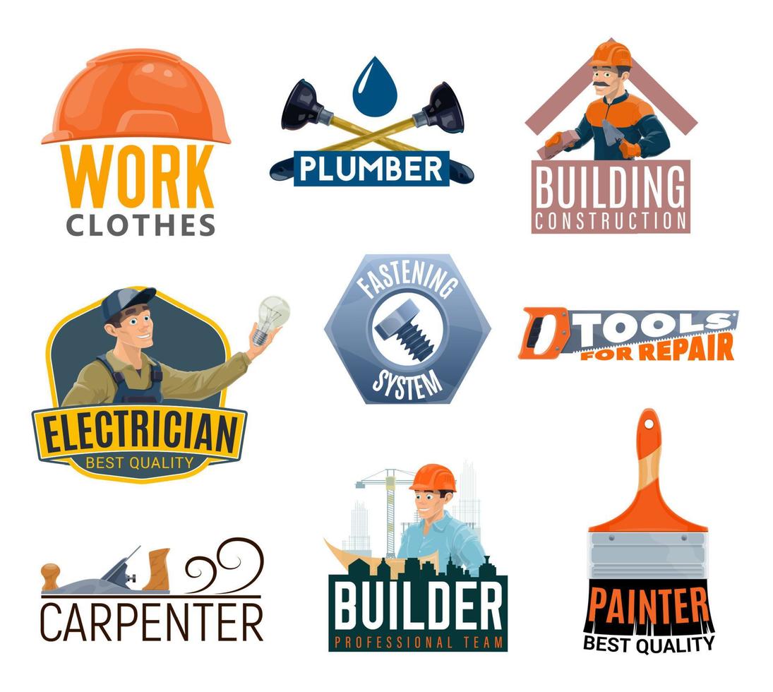 Builder, electrician, repair tool icons vector