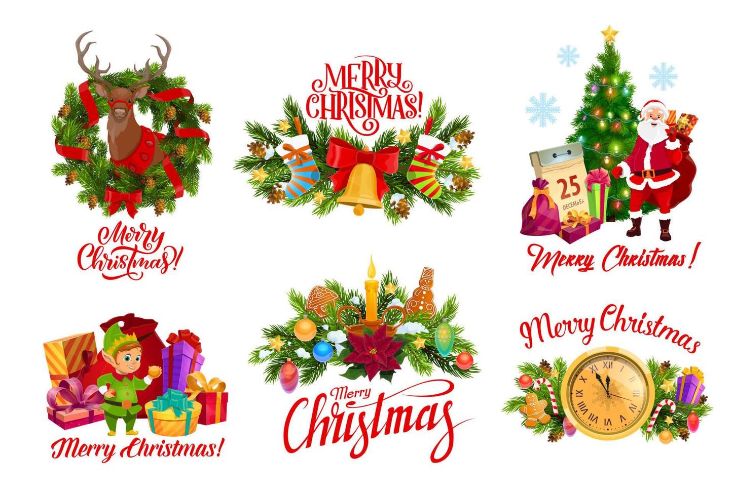 feliz navidad regalos de santa y decoraciones de corona vector