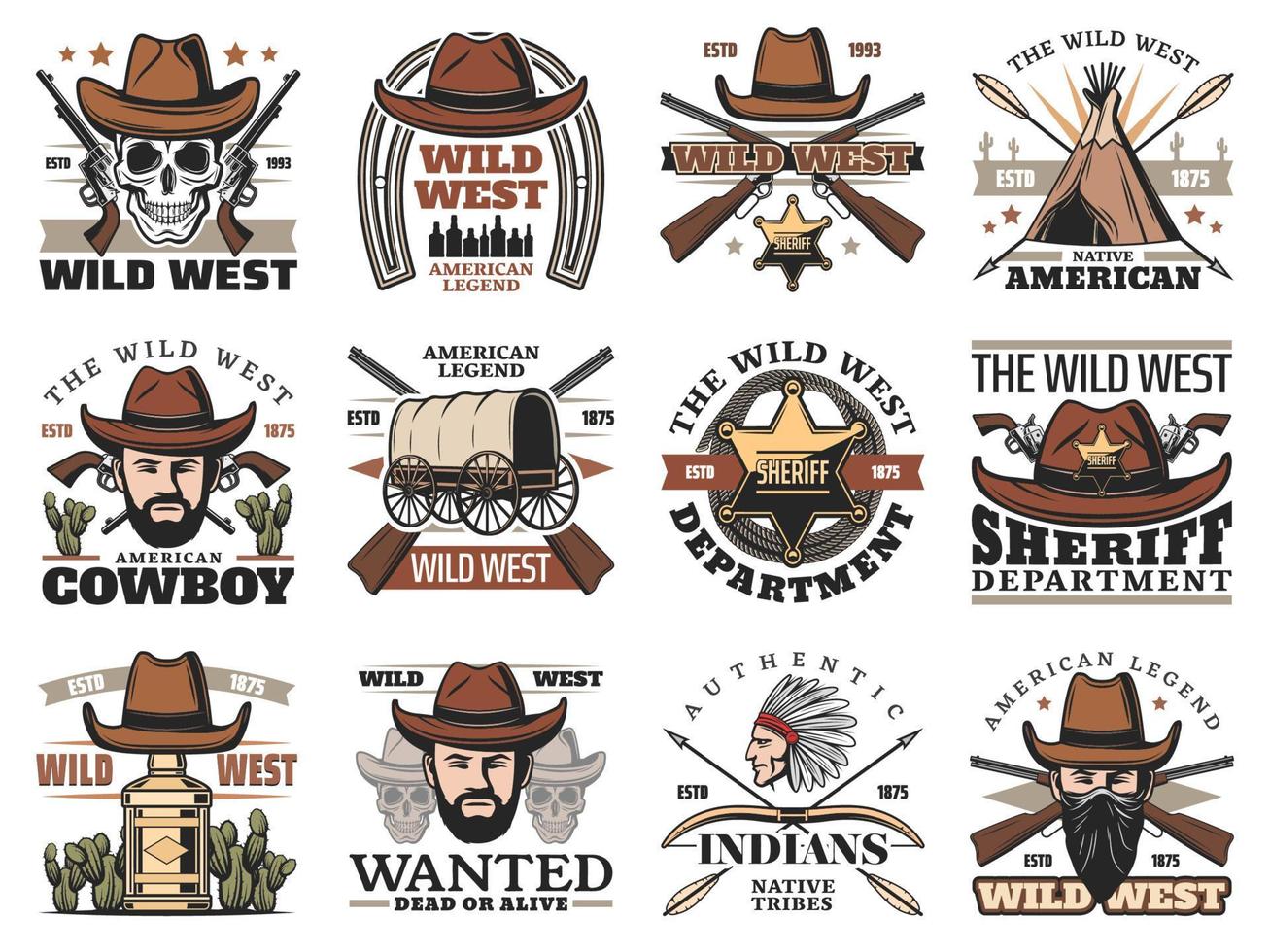 cráneos de vaquero y sheriff occidental. iconos del salvaje oeste vector