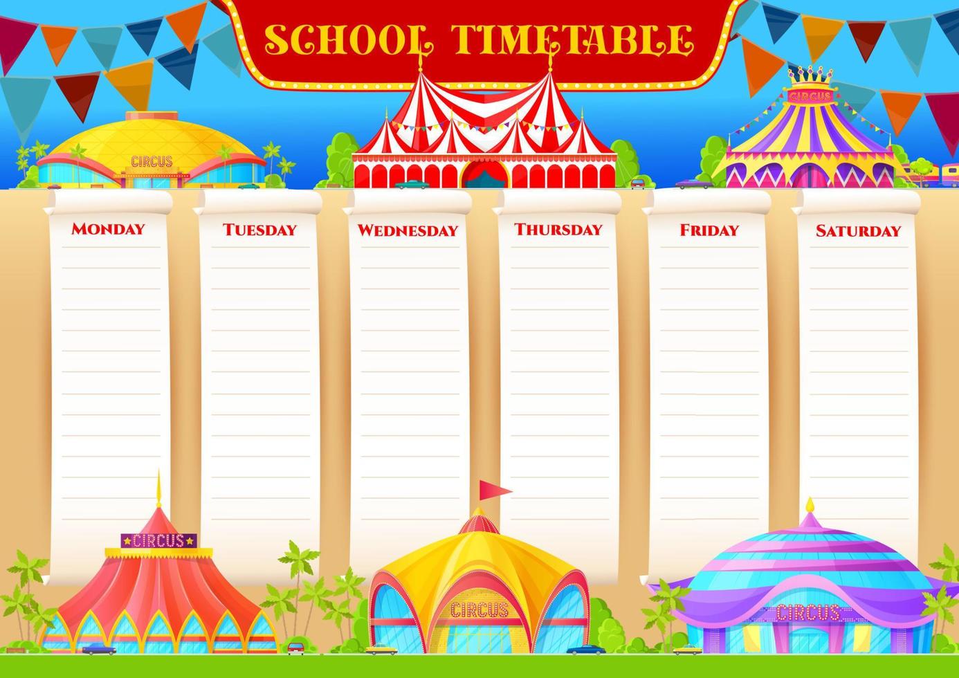 School timetable weekly planner, circus funfair vector
