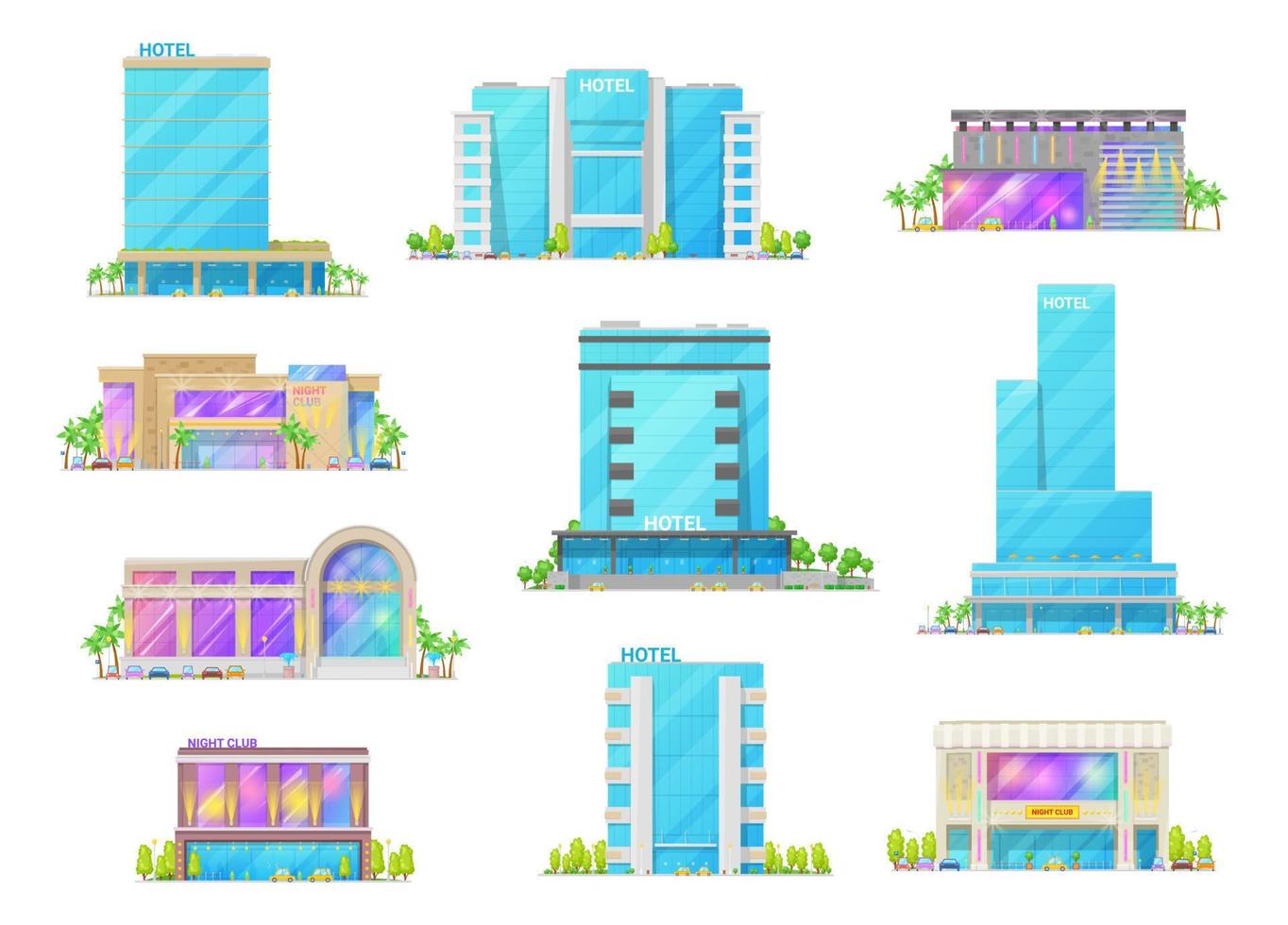 Hotel and night club buildings isolated icons vector