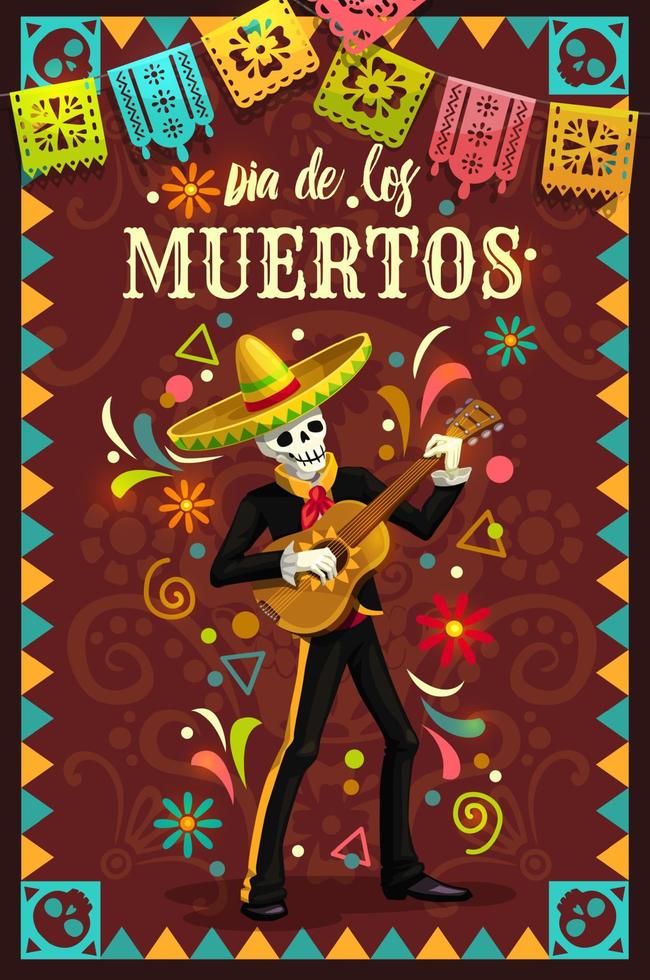 esqueleto tocando la guitarra en sombrero. dia de muertos vector