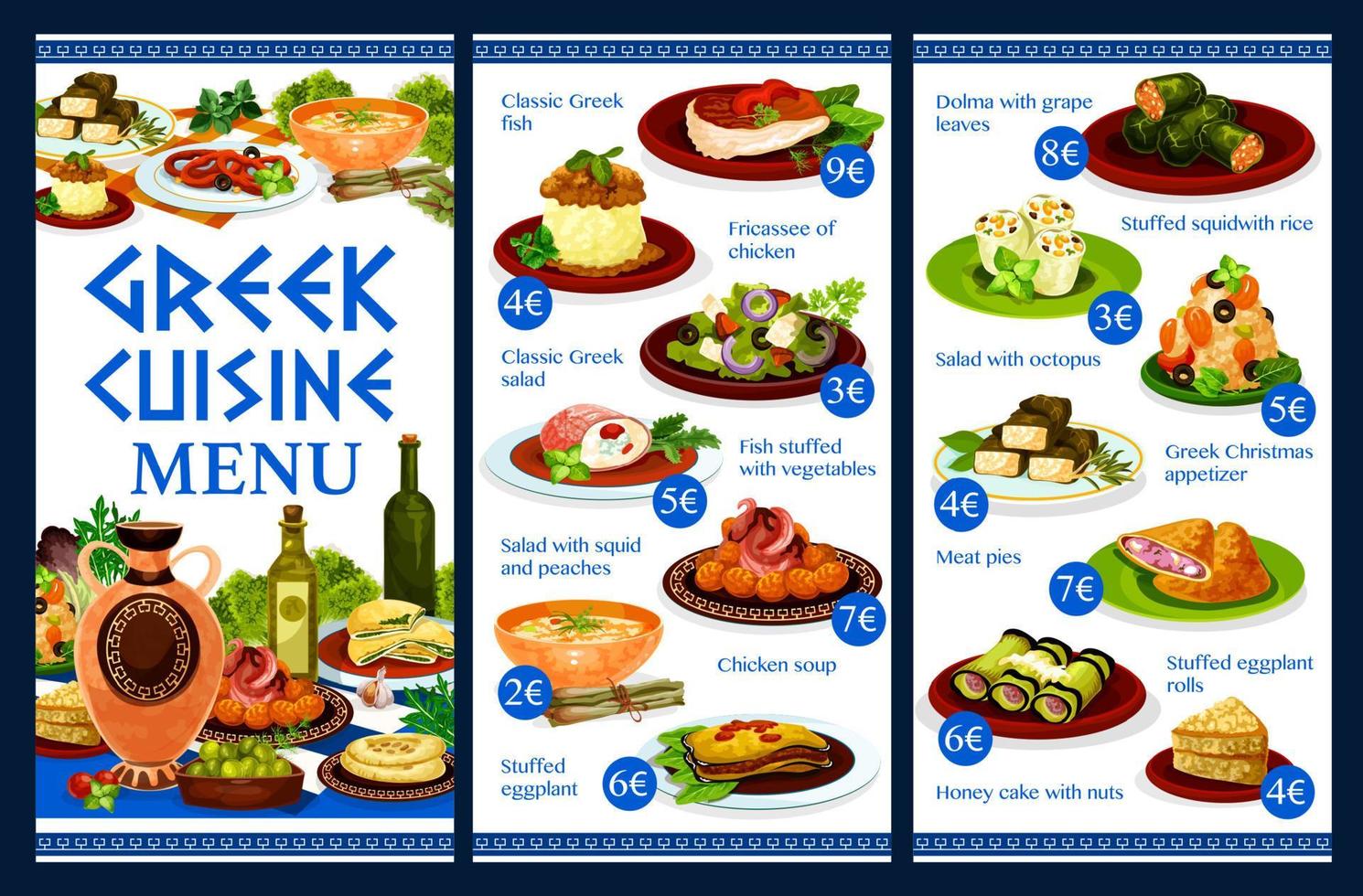 Greek menu with seafood, meat, fish and vegetables vector