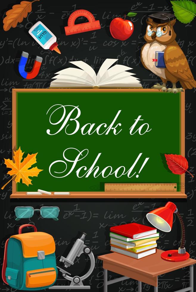 Back to school study supplies, owl on chalkboard vector