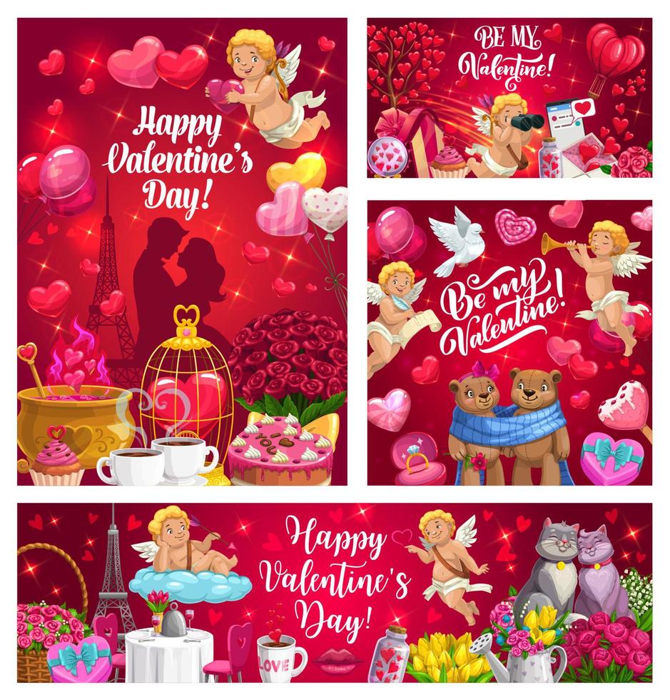 Cupids with Valentines Day gifts, hearts, flowers vector