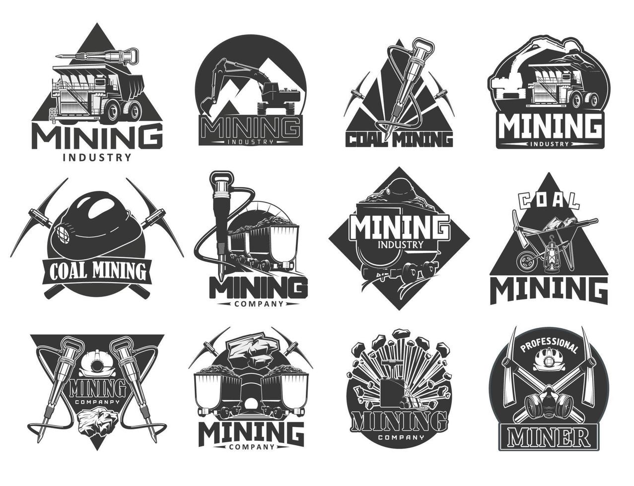 Mining industry, coal extraction icons vector